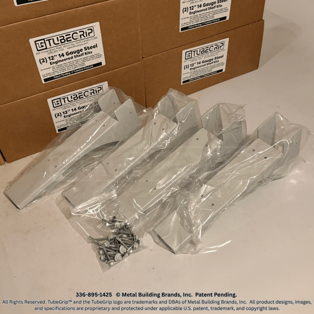 Top view of two TubeGrip™ 12-inch shelf kits unboxed with steel brackets and mounting screws displayed.