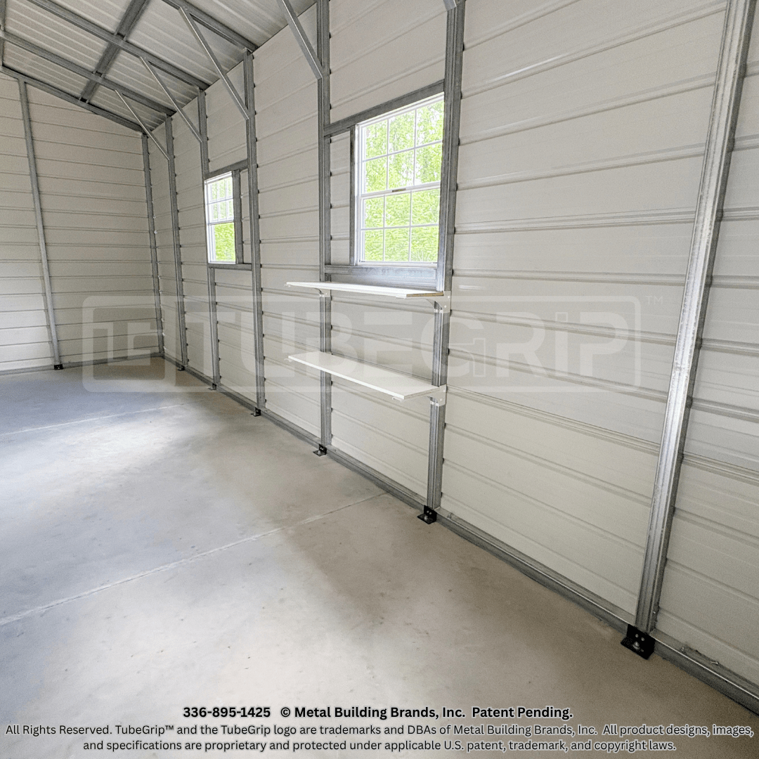 TubeGrip™ 12-inch shelf brackets installed in a garage on tubular-steel framing with lumber shelf in place.