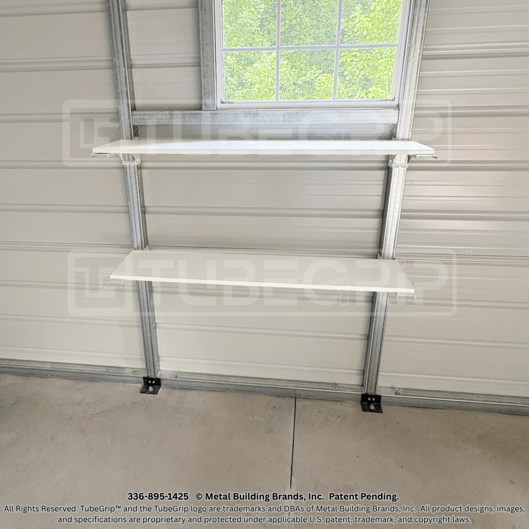 Overview of TubeGrip™ 12-inch shelf bracket showing heavy-duty steel construction and mounting holes.