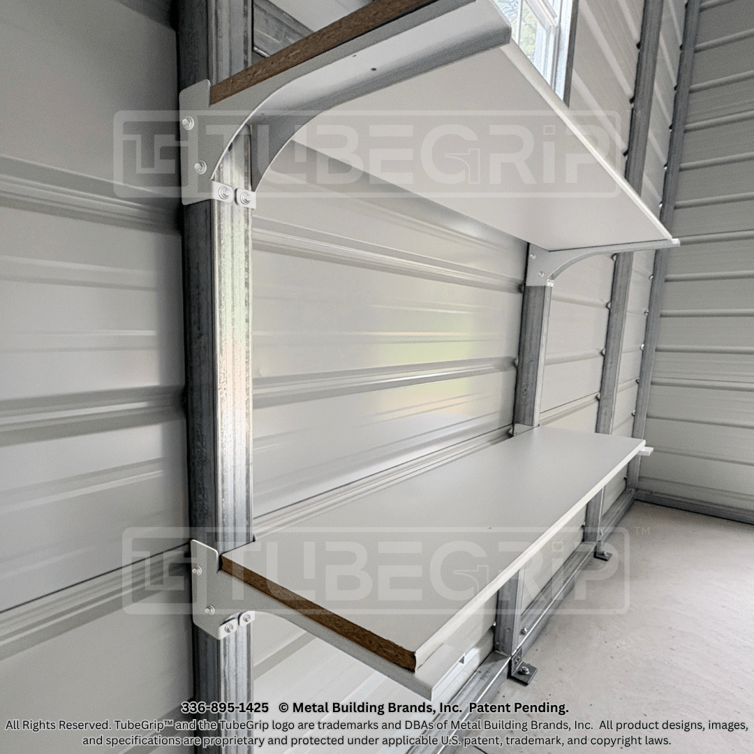 TubeGrip™ 12-inch 14-gauge steel shelf kit front view showing both brackets and hardware.