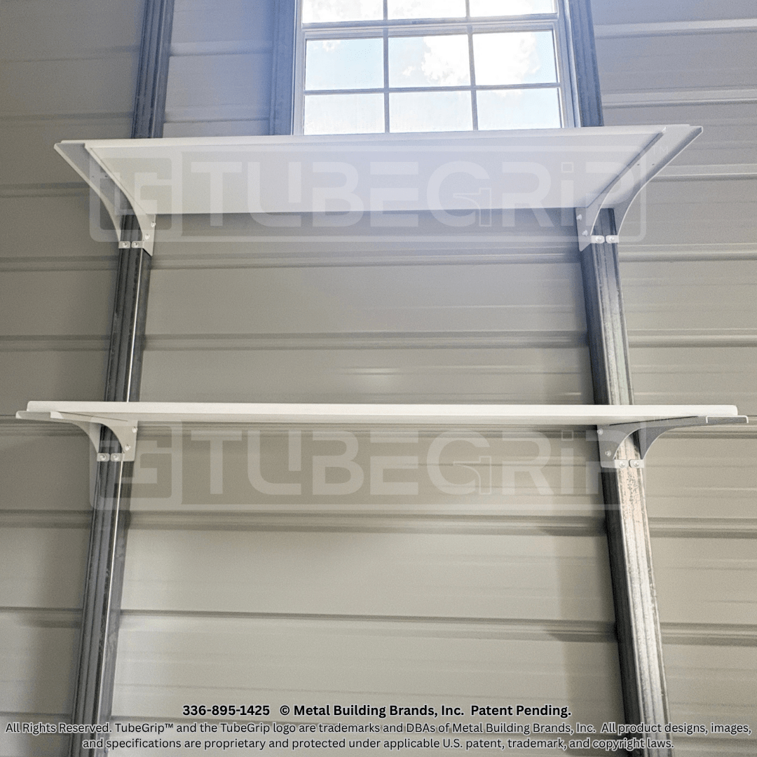 Underview of TubeGrip™ 12-inch 14-gauge steel shelf bracket showing underside structure and mounting design.